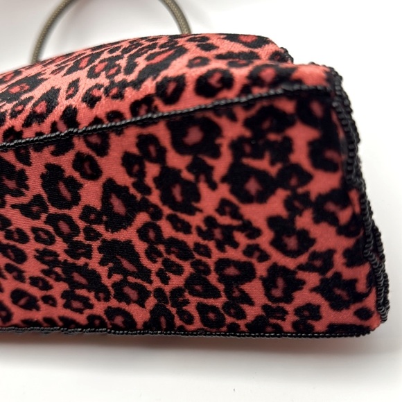 Leopard Print Velvet Beaded Top Handle Rhinestone Bag